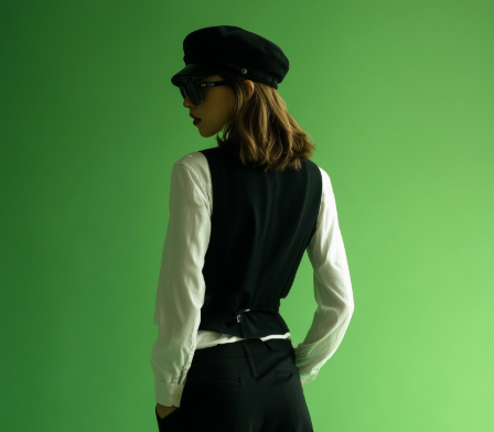 AI Fashion Preview - Model wearing black beret, white shirt, and black vest